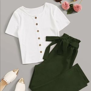 2PC SET Button up Tee & Paperbag Waist Belted Pants